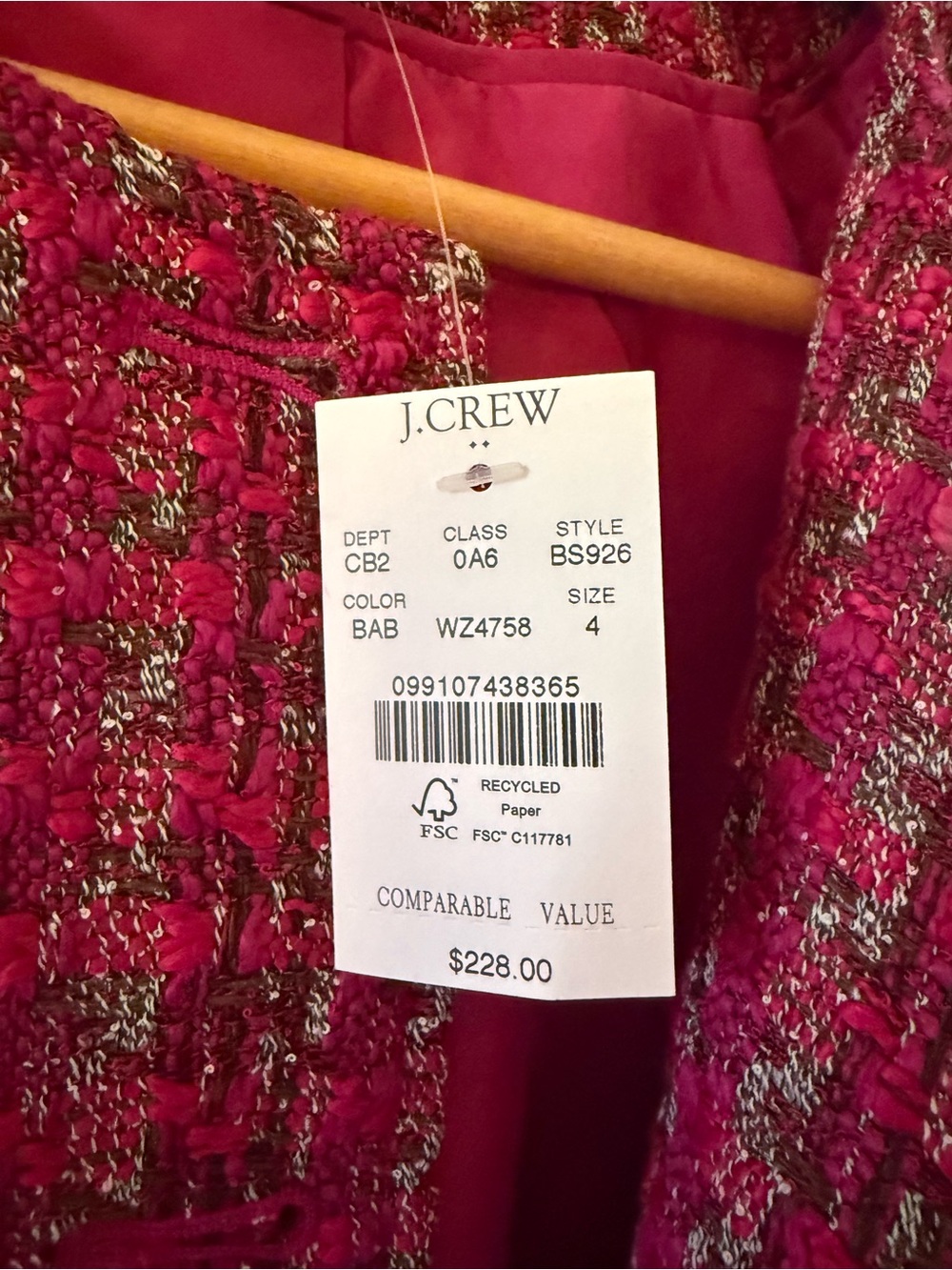 J. Crew Fuchsia Tweed Button-Front Blazer - Picture 6 of 6